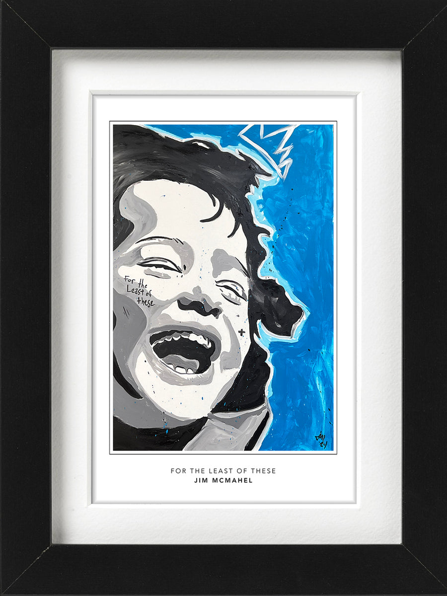 Blue Joy, a laughing child painted on a blue field, from Jim McMahel's For the Least of These series