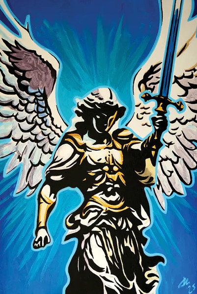 Michael the Archangel, a winged figure raising a sword against a blue sky, painted by Jim McMahel