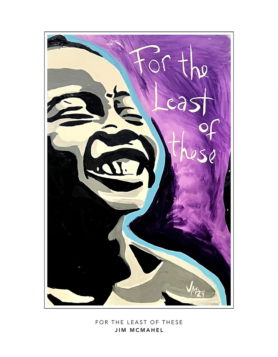 Smile, a laughing child in profile on violet, painted live at a No More Orphans event